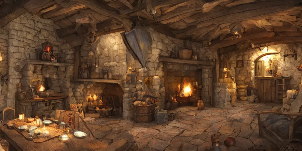 Image similar to medieval cottage interior, pixar animation