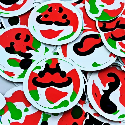 Image similar to die cut sticker, yoshi wearing mario's mustache, splatter paint