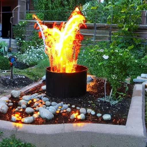 Prompt: small home garden with a rammstein concert pyrotechnics display