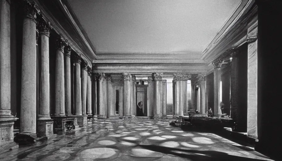 Prompt: 1 9 7 0 s movie still by andrei tarkovsky of a neoclassical building, by piranesi, panoramic, ultra wide lens, cinematic light, flare, anamorphic