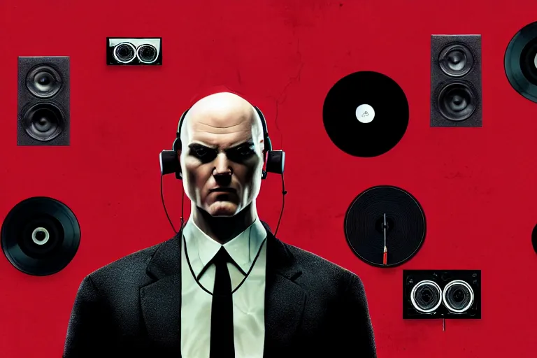 Image similar to an expressive portrait of agent 4 7 from hitman wearing headphones standing in front of a wall of vinyl records, speakers and cables, dark background, red rim light, digital art, artstation, concept art by giger stalenhag