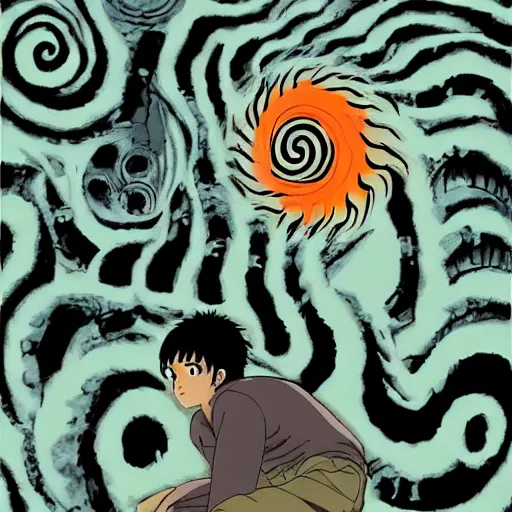 Image similar to uzumaki :: studio ghibli :: junji ito :: shadow of the colossus :: mayan :: hysterical joy