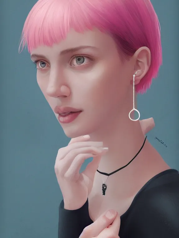 Image similar to beautiful russian girl with short pink hair and nose piercing, wearing airpods, a black choker, thin round earrings, winds of winter, au naturel, hyper detailed, digital art, trending in artstation, cinematic lighting, studio quality, smooth render, octane rendered, concept art, sharp focus, illustration, art by artgerm and greg rutkowski and wlop