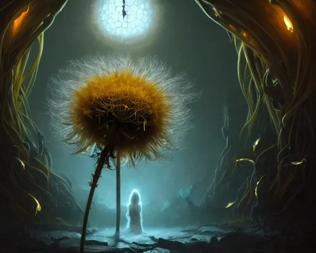 Prompt: 4 k cinematic still portrait of a bipedal dandelion monster in a dark liminal space room, amber glow, deep focus, d & d, fantasy, intricate, elegant, highly detailed, digital art, art station, concept art, matte, sharp focus, illustration, dark fantasy art, hearthstone, art by artgerm and greg rutkowski and alphonse mucha