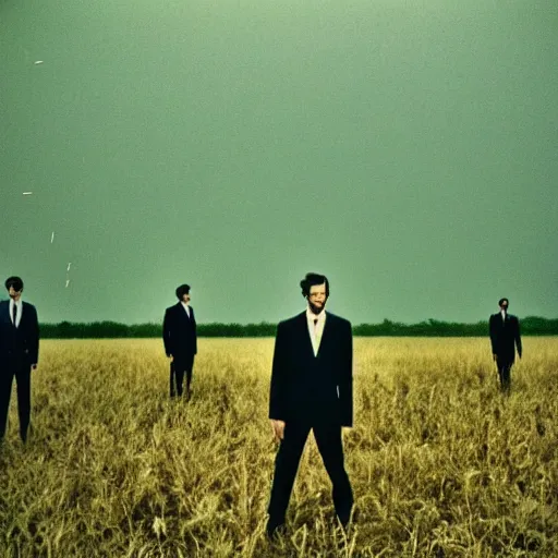 Image similar to 8 mm film, blurry, grainy, liminal, unsettling, group of tall men in suits in a field at night, thunderstorm, dark