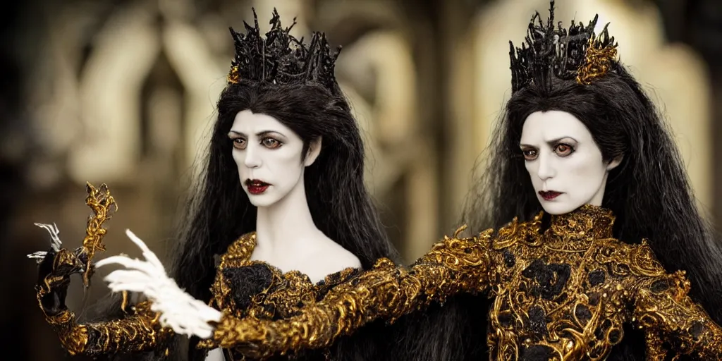 Image similar to photo taken of an epic intricate, ultra detailed, super realistic stop motion puppet of a majestic gracious regal aristocratic brunette female vampire and gothic filmset created by weta workshop and tim burton, menacing, wide angle, full body shots, photorealistic, sharp focus, gloomy, extremely cold blueish colour temperature, 3 5 mm, f 1. 4, golden ratio