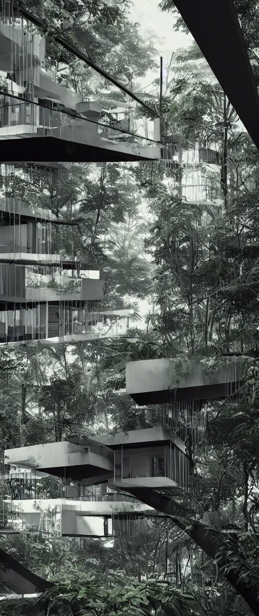 Image similar to architecture inspired by le corbusier in the rainforest. nature is taking over. upside down. metabolism. octane render. global illumination. atmospheric. photorealistic. color scheme black and white.