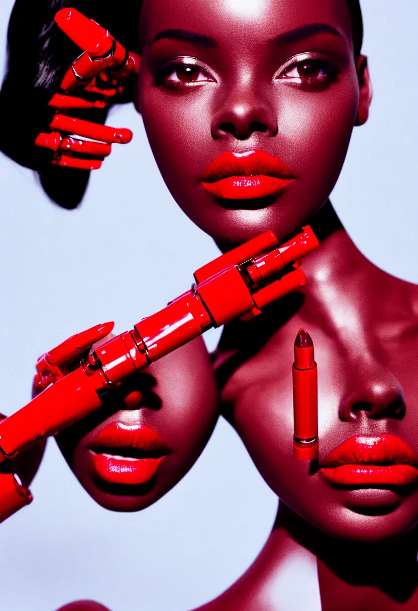 Image similar to medium shot, photograph of alluring dark skin female robot looking into camera, red lipstick, sharp focus,, chromatic abberations, as fashion editorial 90s