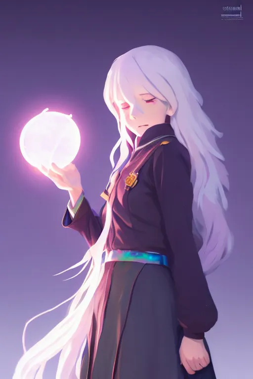 Image similar to visual novel sprite of female student witch by greg rutkowski, genshin impact, witch academia, magic school uniform, glowing white iridescent hair color, by studio ghibli, digital art, trending on artstation, hd, 8 k, highly detailed, good lighting, beautiful, masterpiece