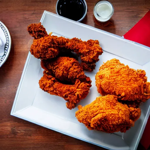Prompt: A delicious plate of fried chicken, KFC, food photography, michelin star