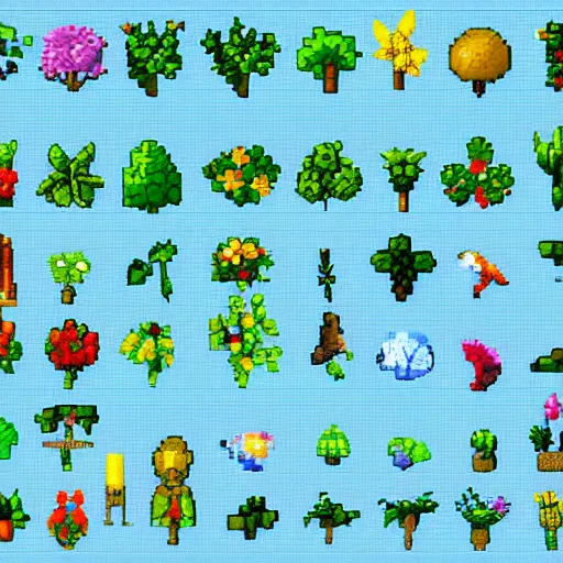 Image similar to Pixel Art Spritesheet of various flora and fauna