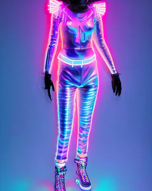 Prompt: full body shot of young punk woman dressed in futuristic cyberpunk clothing, colorful, night, soft neon light, bjork aesthetic, translucent, by rineke dijkstra and artgerm, intricate details, highly detailed, masterpiece, 8 5 mm