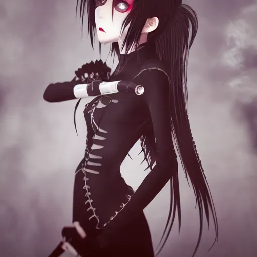 Prompt: full shot portrait of angry darkness vampire anime girl drink wine, gothic clothing, worrying eyes, inspired by Tim Burton, detailed, unreal engine 4k volumetric light, fog,