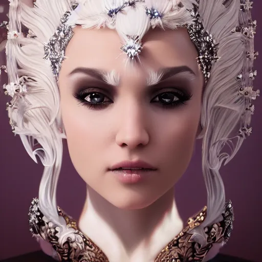 Image similar to portrait of wonderfu princess of white diamonds with fair skin, white hair, white flowers, ornate with white diamonds, 8 k, gorgeous, intricate, detailed, glowing white accent lighting, dramatic lighting, octane render