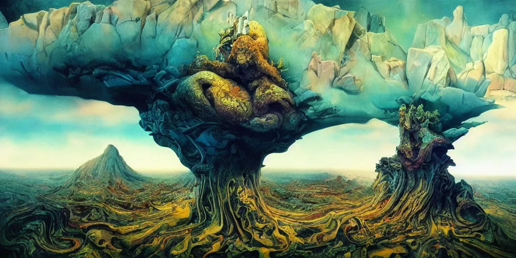 Image similar to ultrawide angle colour masterpiece surreal closeup portrait photography of surrealism by annie leibovitz and michael cheval, god mountain hybrid laying down, incredible sense of depth and perspective and clarity, weird surreal epic psychedelic complex biomorphic 3 d fractal landscape in background by kilian eng and roger dean and giger and salvador dali and beksinski, 8 k