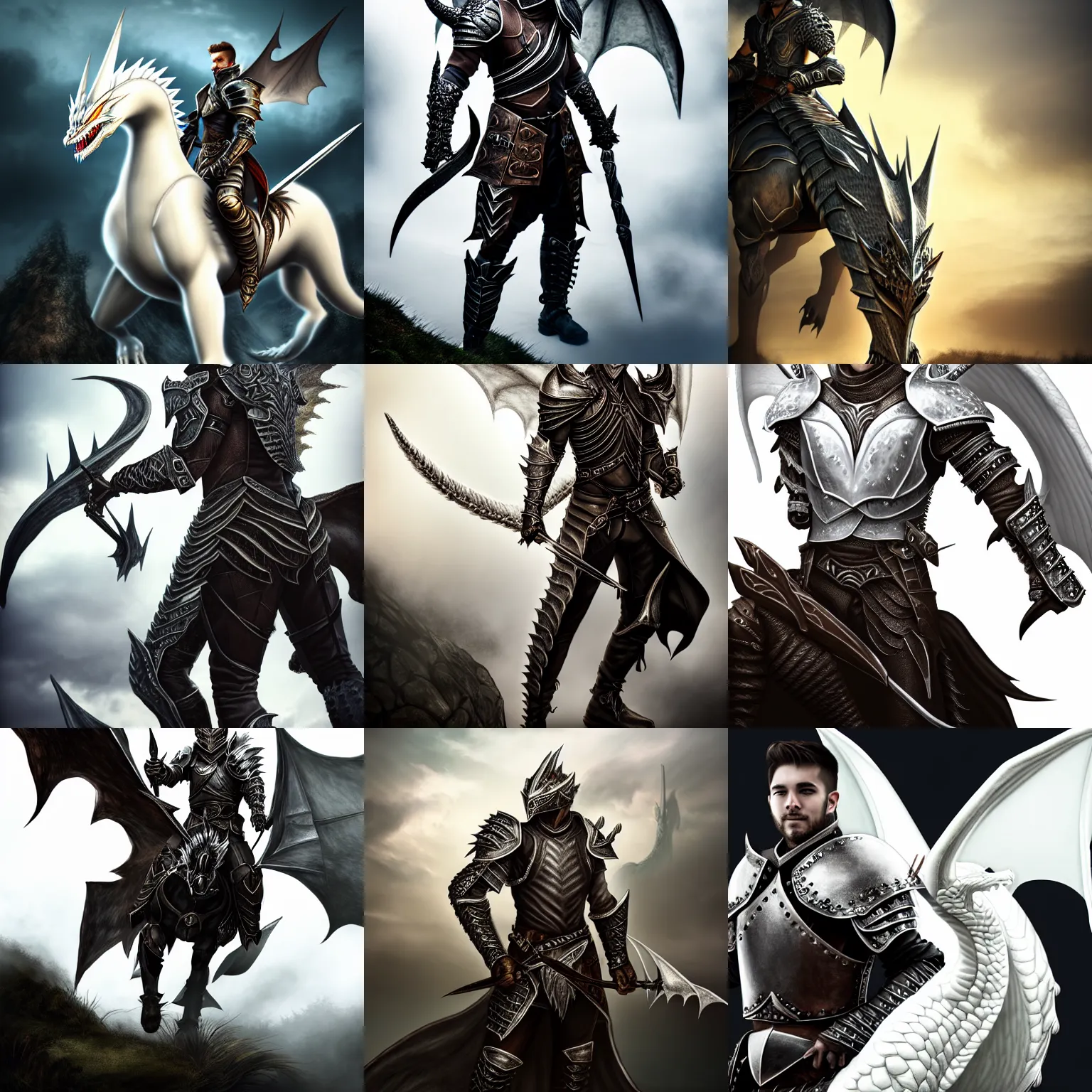 Prompt: fantasy character portrait, leather armor male human ranger riding a white dragon, ultra realistic, wide angle, intricate details, sharp focus, highly detailed