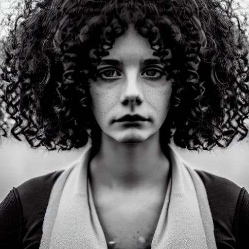 Prompt: a girl with curly blown hair standing in the streets at dusk, symmetrical face, focused, beautiful, vfx, photo realistic, 8 k, aesthetic, black clothes