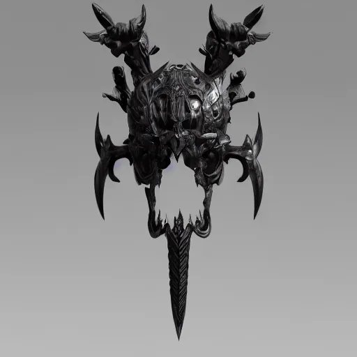 Image similar to a black long sword skull crest, orthographic, ornament, weapon, a 3 d render by dom qwek, studio lighting, front side views full, trending on polycount, artstation, hard surface modeling, rendered in maya, 3 ds max, blender, artstation hd, vray