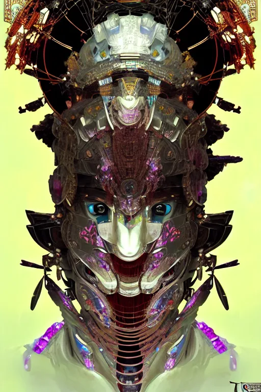 Image similar to asura from chinese myth, ghost, gorgeous and huge head ornaments, dystopian, cyberpunk, organic fractal mycelum and fungi, mecha, halfturn portrait of a big crystal face made of crystals half - turn, ominous, intricate, studio, art by anthony macbain + greg rutkowski + alphonse mucha, concept art, 4 k, sharp focus