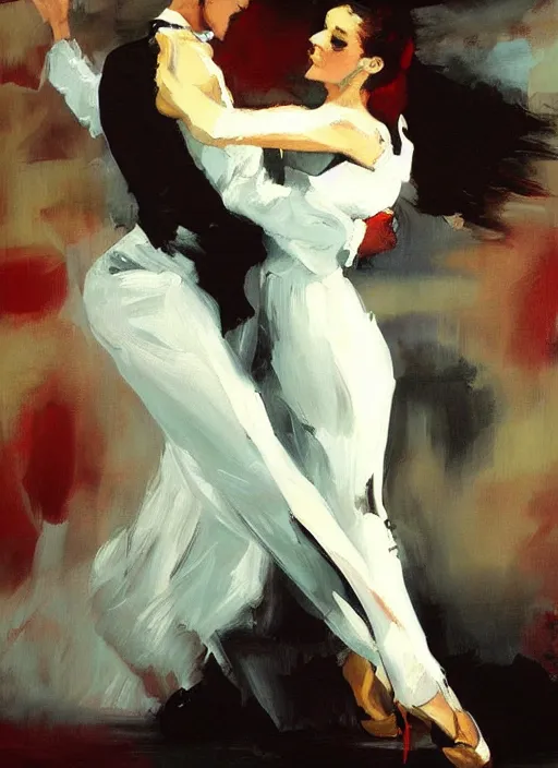 Image similar to tango dancerin in white dress, painting by phil hale, fransico goya,'action lines '!!!, graphic style, visible brushstrokes, motion blur, blurry, visible paint texture, crisp hd image