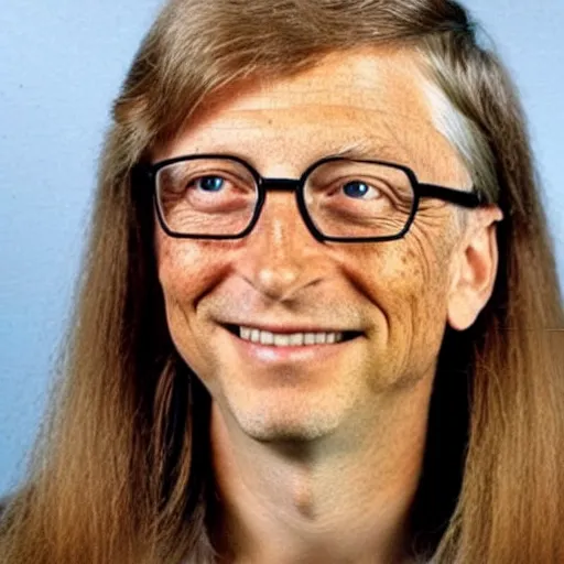Prompt: Bill Gates passport photo with lipstick and hair extensions