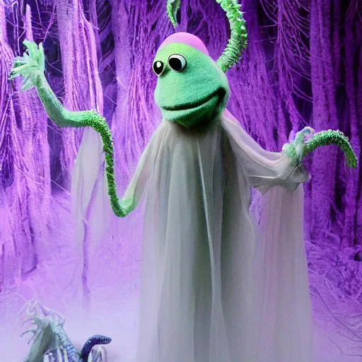 Prompt: ethereal spectral live action muppet ghost like figure with a very pronounced parasitic kraken head taking over its own with four long tentacles for arms that flow gracefully at its sides like a cloak, it has a mermaid like body with a snake tail instead of legs, it stalks around frozen forests searching for lost souls to consume, hides in the shadows of trees, this character uses hydrokinesis and electrokinesis, it is a real muppet by sesame street, photo realistic, real, realistic, felt, stopmotion, photography, sesame street, monsters inc pixar