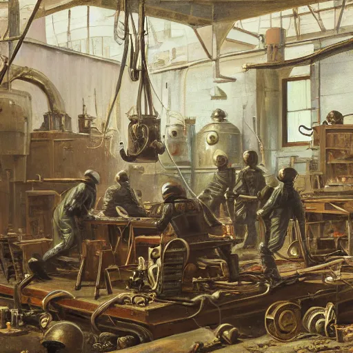 Image similar to oil painting of a nineteenth century engineers workshop, chaotic. in the center a big armoured suit akin to a submarine with a diving helmet