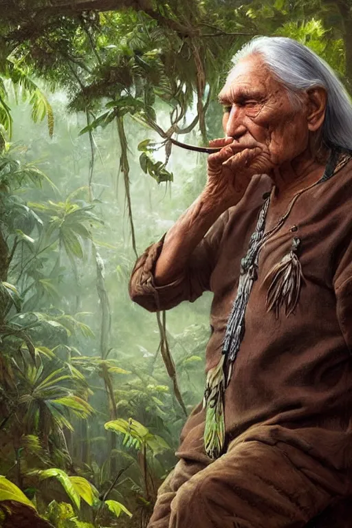 Image similar to a beautiful portrait of chief dan george taking tobacco snuff in the jungle, hyper realistic face, fantasy art, in the style of greg rutkowski, intricate, hyper detailed, smooth