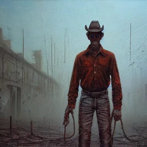 Prompt: a horrific oil painting of a cowboy in a dystopian horror town, beksinski, high detail, 4 k, brushstrokes