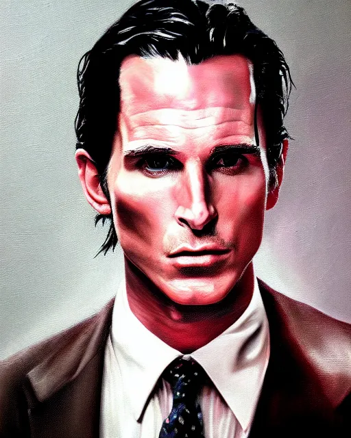 Image similar to oil painting portrait of patrick bateman christian bale american psycho, cinematic lighting, high production value, intricate details, high resolution, hdr, high definition, masterpiece, realistic, ultrarealistic, highly detailed, hd, sharp focus, non blurry, sharp, smooth