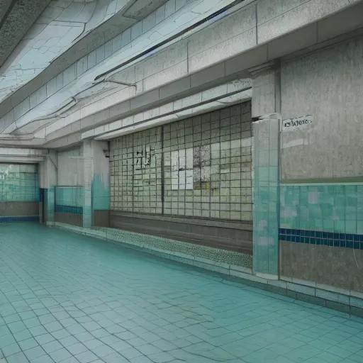 Image similar to pastel colors, hd 8 k, abandoned, overgrown, vaporwave, detailed, realistic, pool at the subway station