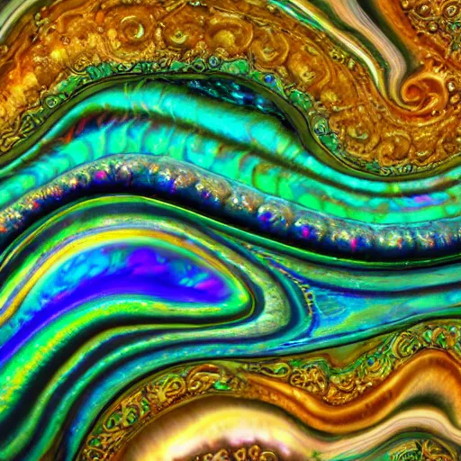 Image similar to Art Nouveau cresting oil slick waves, hyperdetailed bubbles in a shiny iridescent oil slick wave, ammolite, detailed giant opalized ammonite shell, black opal, abalone, paua shell, ornate copper patina medieval ornament, rococo, oganic rippling spirals, octane render, 8k 3D, druzy geode, cresting waves and seafoam