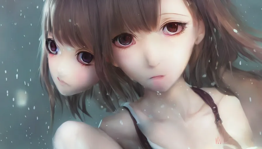 Image similar to cute anime girl by wlop, detailed eyes, heterochromia, bright eyes, full body shot, happy expression, short minidress, light clothing, light rain, hyper real, detailed digital art, from evangelion, photorealistic