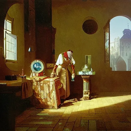 Prompt: time-travelling magician coding a new server architecture on a digital computer from the 21st century, intricate oil painting by Carl Spitzweg