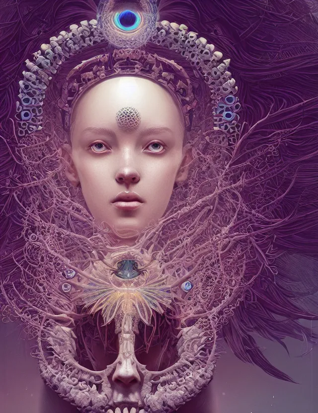 Image similar to symmetrical, centered, goddess close-up portrait wigh crown made of skulls. betta fish, phoenix, bioluminiscent creature, super intricate ornaments artwork by Tooth Wu and wlop and beeple and greg rutkowski
