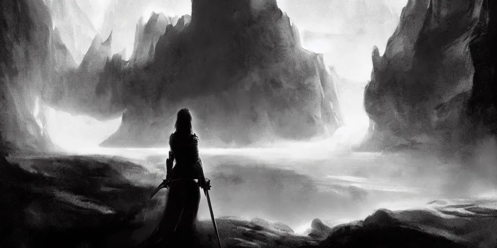 Prompt: epic portrait cinematic shot an female with large sword runnning in a cave of an giant, cloudy, foggy, storm, night setting. realistic shaded lighting poster by craig mullism, radiant light digital art, trending on art station kvlt by peder balke by guido crepax by norman bluhm mystic high contrast monochromatic noir