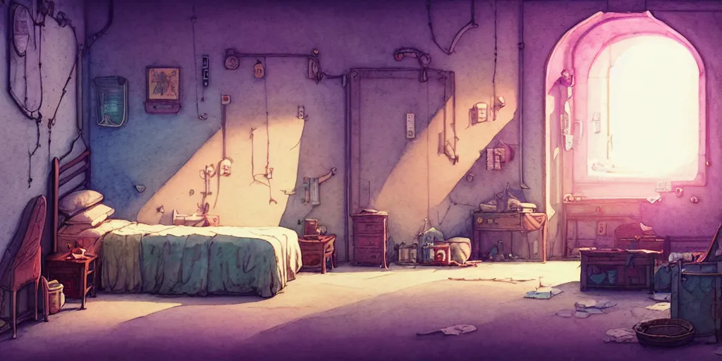 Image similar to room in the sewers, the room is delicate and neat, bed is made, sword rack above the bed, detailed, artstation, 8 k, sci - fi, pastel colors, props, panel, concept, simon stalenhag, in watercolor gouache detailed paintings, moebius, blueprint, building, living room, detailed, posters, sofa