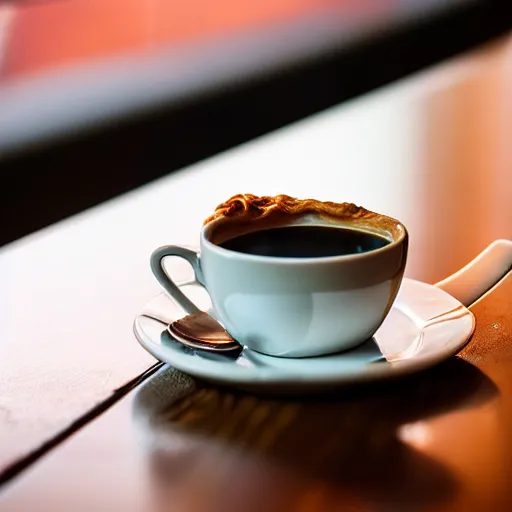 Image similar to realistic detailed photo of a steaming cup of coffee on a saucer with a flaky pastry on the side and a coffee spoon next to it on the table, hotel lobby in the background, hdr, volumetric lighting, dim light, diffuse light, depth of field