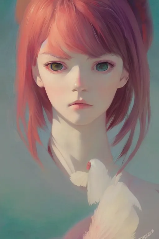 Prompt: a portrait of girl with two wings on her back and feathers. vivid colors, soft lighting, atmospheric, cinematic, moody, in the style of Ilya Kuvshinov and Range Murata, Krenz Cushart, rule of thirds, oil on canvas, 8k