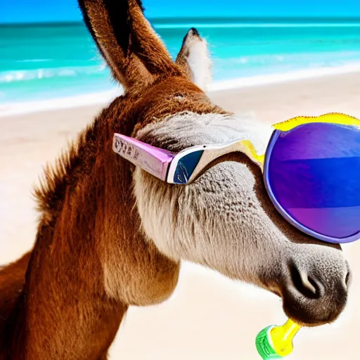 Prompt: a donkey wearing cool sunglasses is holding a coctail at the beach, 8k, hyper-detailed, photorealistic