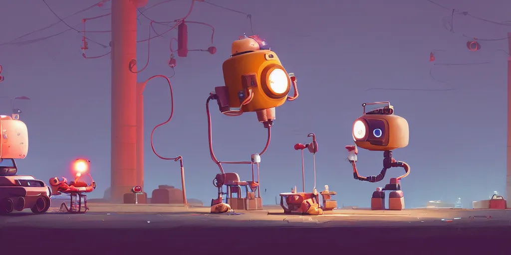 Image similar to cute cartoon robot baking a giant cake at night by Goro Fujita and Simon Stalenhag , 8k, trending on artstation, hyper detailed, cinematic