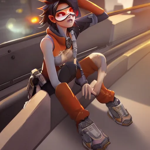 Image similar to digital artwork of tracer sitting on a rooftop, in the style of artgerm, detailed face, expressive face, feminine face, detailed eyes, arstation, 4 k,