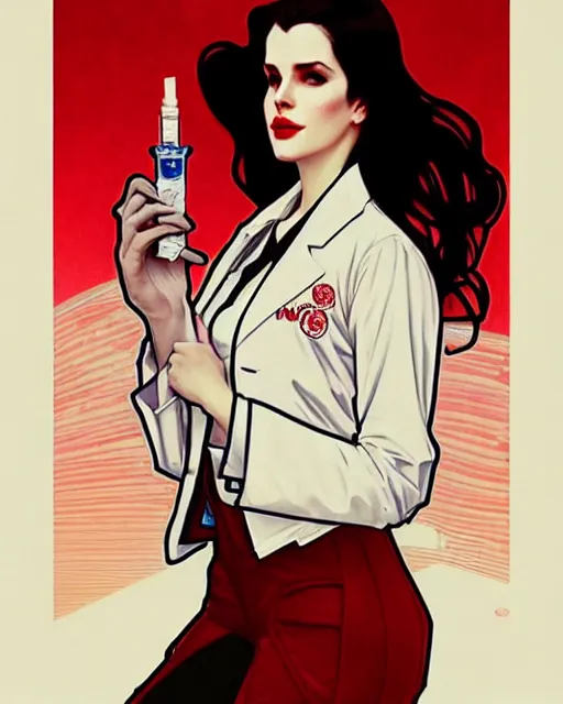 Image similar to lana del rey as a confident scientist, wearing a labcoat, intricate, red white and black color scheme, illustration by krenz cushart, alphonse mucha, artgerm, trending on artstation