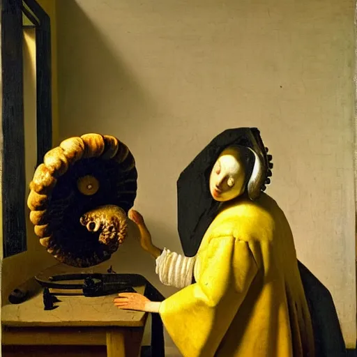 Prompt: Oil painting of an artificial intelligence examining an ammonite fossil in the style of The Astronomer by Johannes Vermeer, 1666, highly detailed