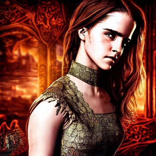 Prompt: Intricate five star 🐉 emma watson HDR, cinematic, vibrant colors, photo realistic, hyperrealism,high detail, matte finish, high contrast, 3d depth, masterpiece, vivid colors, artstationhd , deviantart