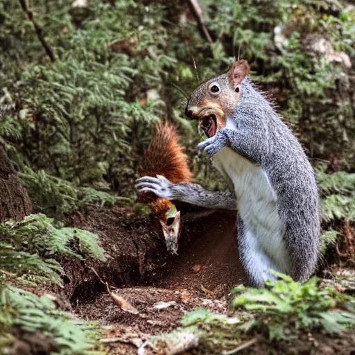 Prompt: ultra detailed photo of man screaming thrashing on the ground while a squirrel crawls out of a gaping hole in his chest