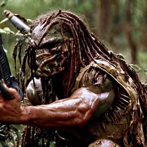 Image similar to film still of predator looking for his prey and john cena as major dutch, covered in mud and hiding from him in swamp scene in 1 9 8 7 movie predator, hd, 4 k