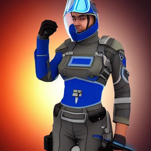 Image similar to a futuristic soldier captain with a metal visor and a blue shoulderpad