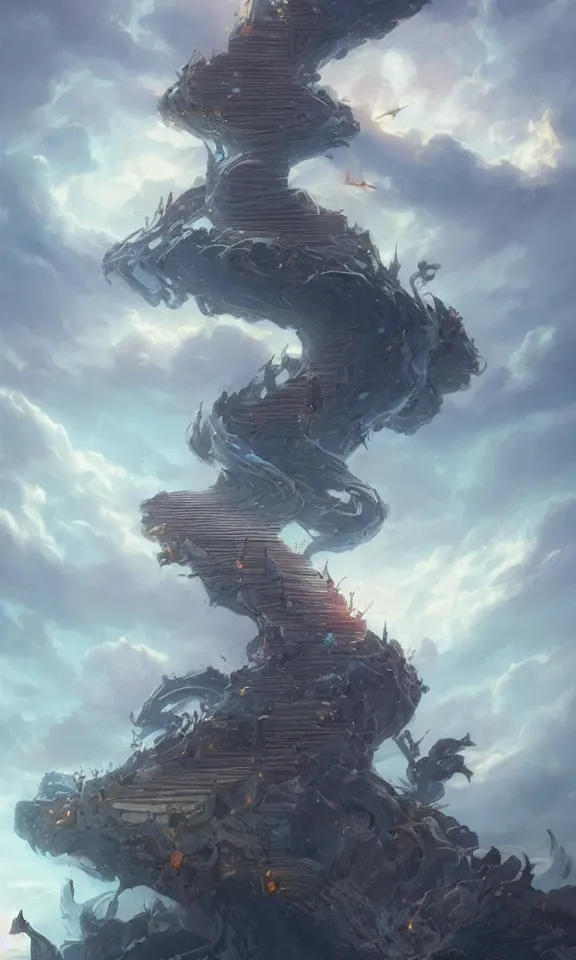 Prompt: endless book stairway to universe, sky full of clouds, art by greg rutkowski and peter mohrbacher, featured in artstation, octane render, cinematic, elegant, intricate, ultra detailed, rule of thirds, professional lighting, unreal engine, fantasy, concept art, sharp focus, illustration, 8 k