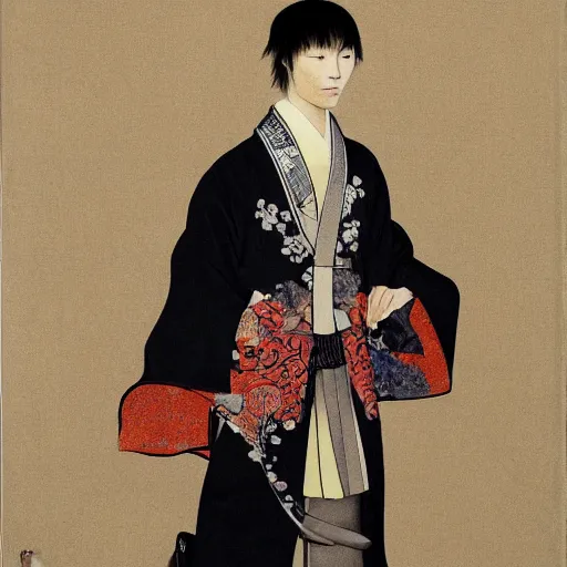 Prompt: a beautiful young japanese male wearing alexander mcqueen, painted by michelangelo